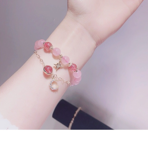 Celestial Strawberry Quartz & Rose Quartz Bracelets Set of two - Picture 5 of 6